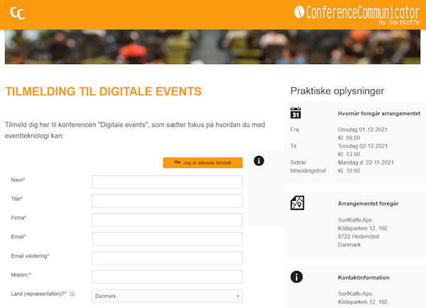 ConferenceCommunicator tilmeldingssystem og tilmeldingsformular